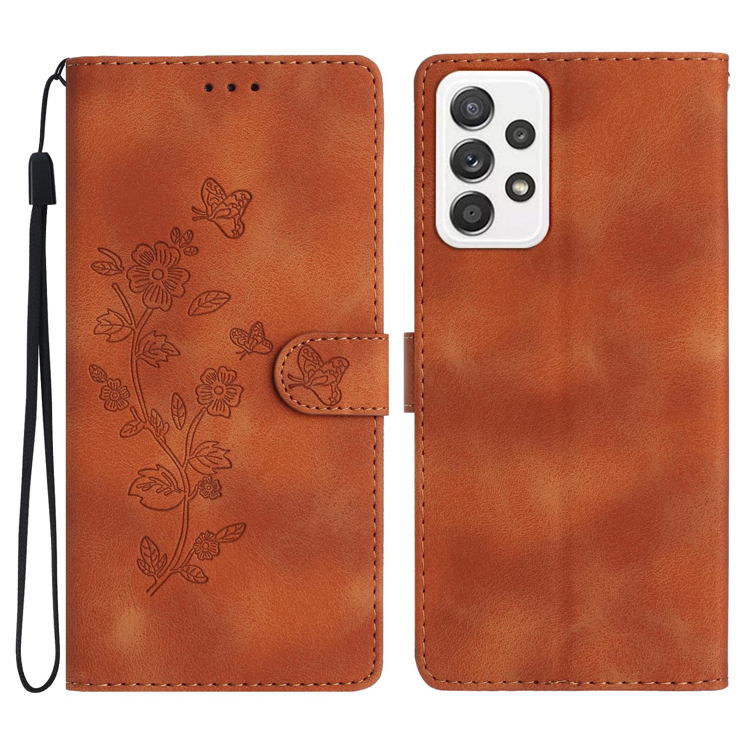 

For Samsung Galaxy A53 5G Flower Imprint Anti-drop Phone Cover Leather Stand Case with Wallet Brown