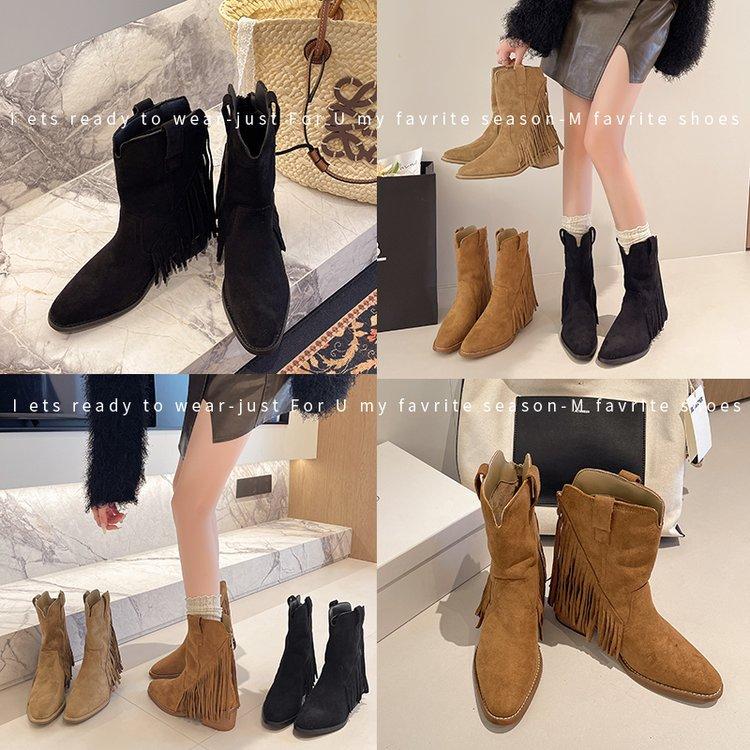 Sheepskin version~ retro western cowboy boots women's 2025 new pointed tassel short boots thick heel medium tube Martin boots