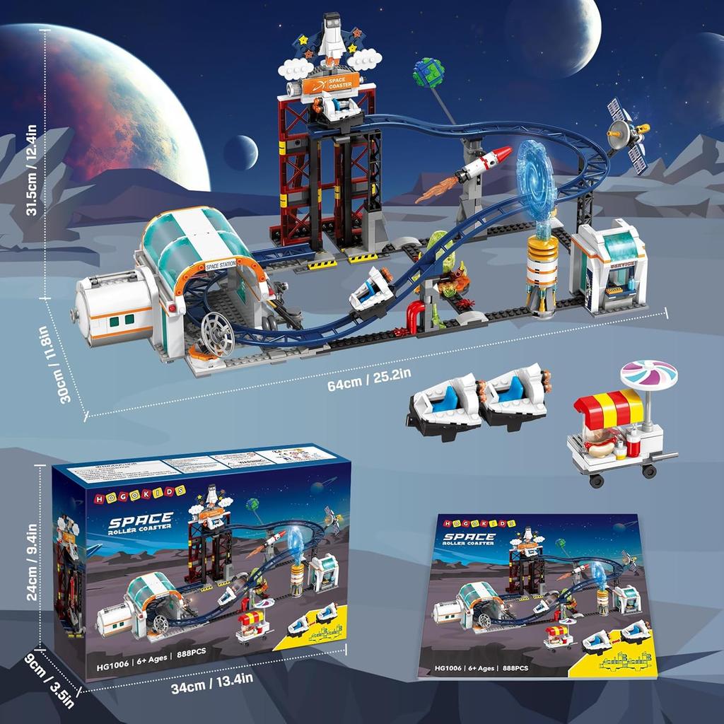 HOGOKIDS Brinquedo de Construção Montanha Russa Espacial - 888 Peças Conjunto de Construção Apresenta Plataforma Elevatória, Satélites, Foguete Montável Parque