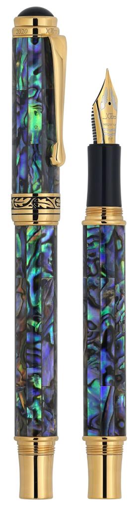 Xezo Maestro Fountain Extra Fine Nib Gift of Writing 18K Paua Each Unique Pen, (0.3mm Line), Series, Gold-Plated Abalone, Handmade, Serialized,