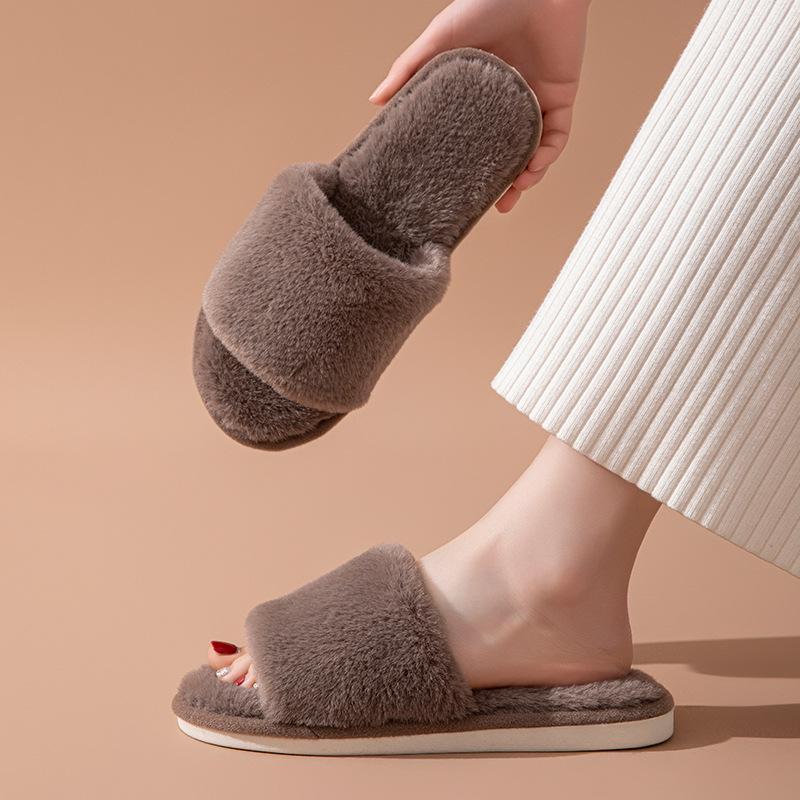 Womens Plush Slippers Open Toe Fluffy House Shoes Winter Warm Cozy Home Footwear Soft Faux Fur Indoor Slides