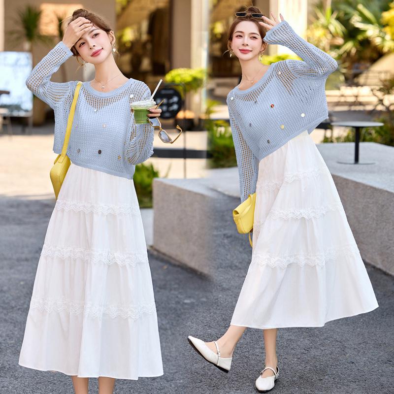 2025 Summer Women's White Sunscreen Spaghetti Strap Two-Piece Dress Set - Petite Slimming Fit (YF2563)