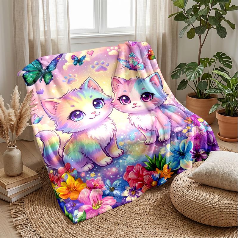Butterflies and kittens in spring blanket Personalized Name Flannel Blanket Soft Cozy Plush Throw for Sofa Bed Lightweight Home Decor
