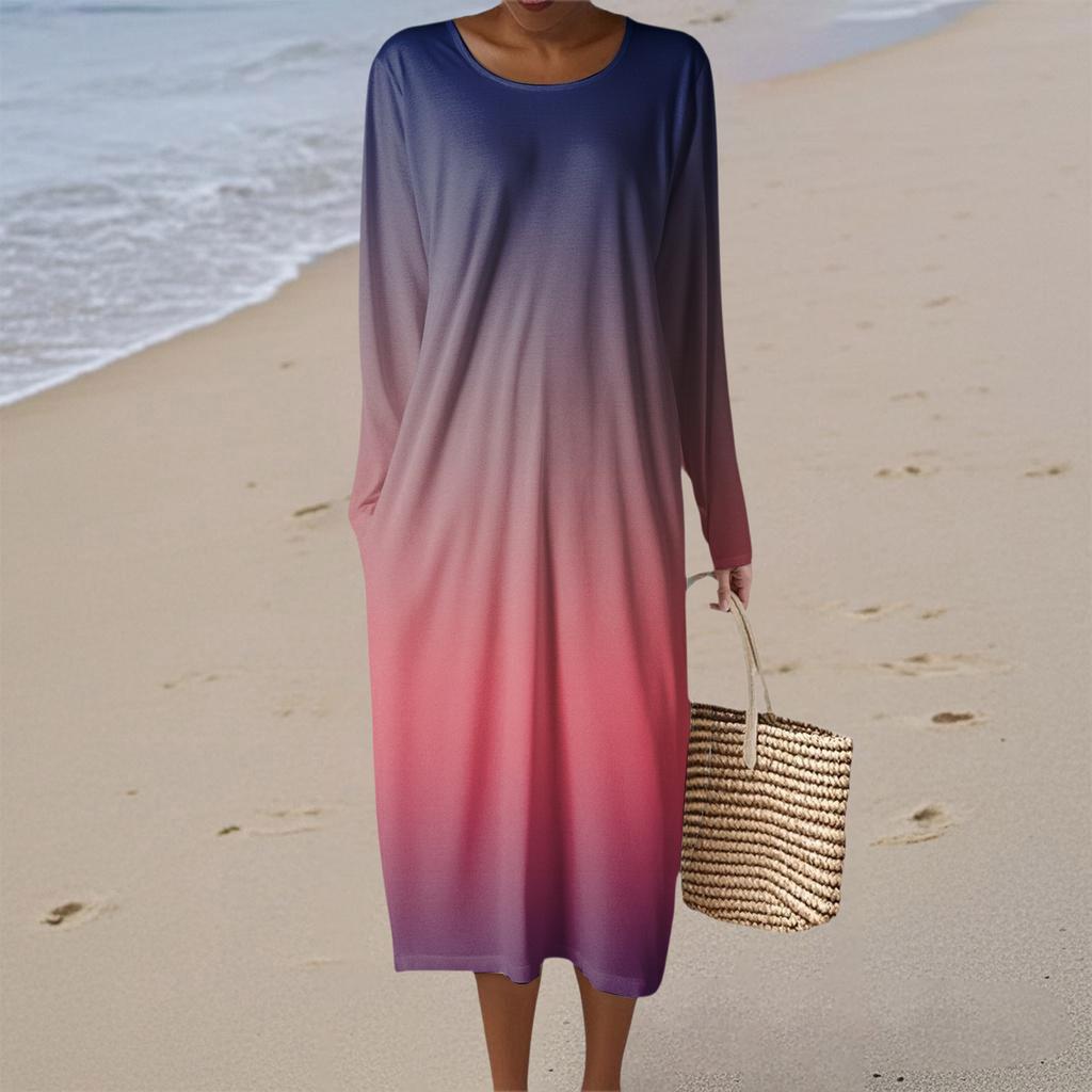 Women's Fashion Casual Long Sleeve Gradient Round Neck Pocket Elegant Temperament Dress