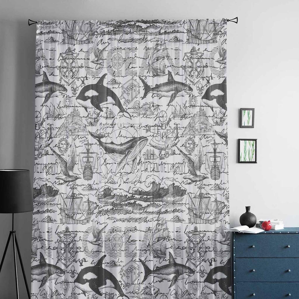 Ocean Summer Vintage Dolphin Window Tulle Curtains for Living Room Bedroom Hotel Luxury Decoration Sheer Curtains