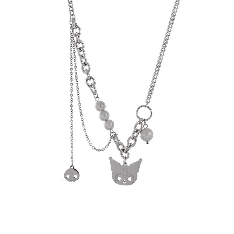 Indifferent Wind Japanese Kulomie Pendant Demon Skull Reflective Beads Non-Fading Titanium Steel Necklace Pearl Clavicle Chain