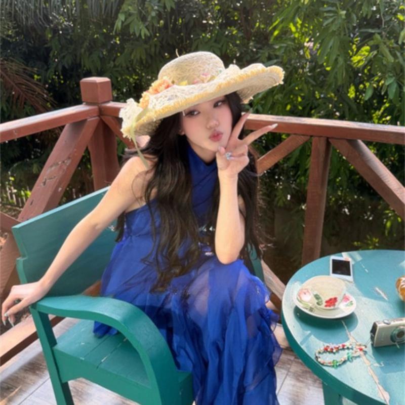 1pc Sweet Flower Bow Lace Straw Hat for Women,summer Sun Beach Vacation Style,big Brim,sunshade Sun Protection Hat for Tralve