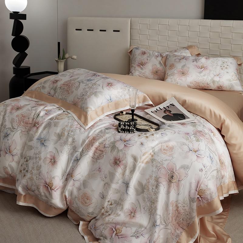 Floral Plant Print Color Blocking Bedding Set Lyocell Bamboo Fiber Soft Silky Duvet Cover Flat/Fitted Bed Sheet Pillowcases 4Pcs