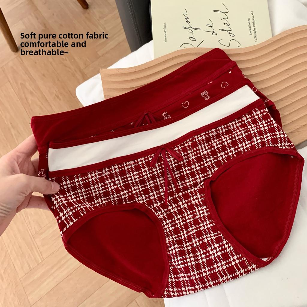 Lady Spring and Autumn Year Marriage Red Pure Cotton Extended Crotch Wrapped Hip Underwear