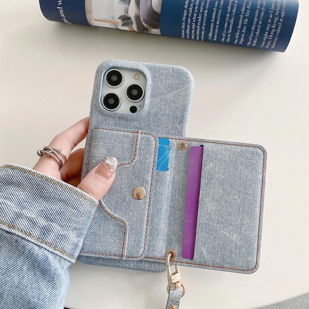 For iPhone 14 Pro Max Case Card Slots Mirror Design Jeans Cloth Texture PU Leather Back Cover with Strap