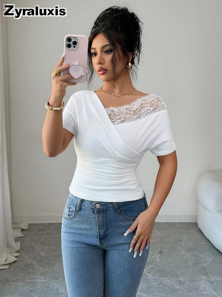 Summer New Ins Lace Patchwork V-Neck Asymmetric Off-Shoulder Top for Women