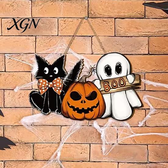 Halloween Party Supplies Wooden Door Sign, Pumpkin Ghost Boo Black Cat Welcome Funny Hanger Sign for Trick or Treat Indoor Outdoor Porch Wall Hanging