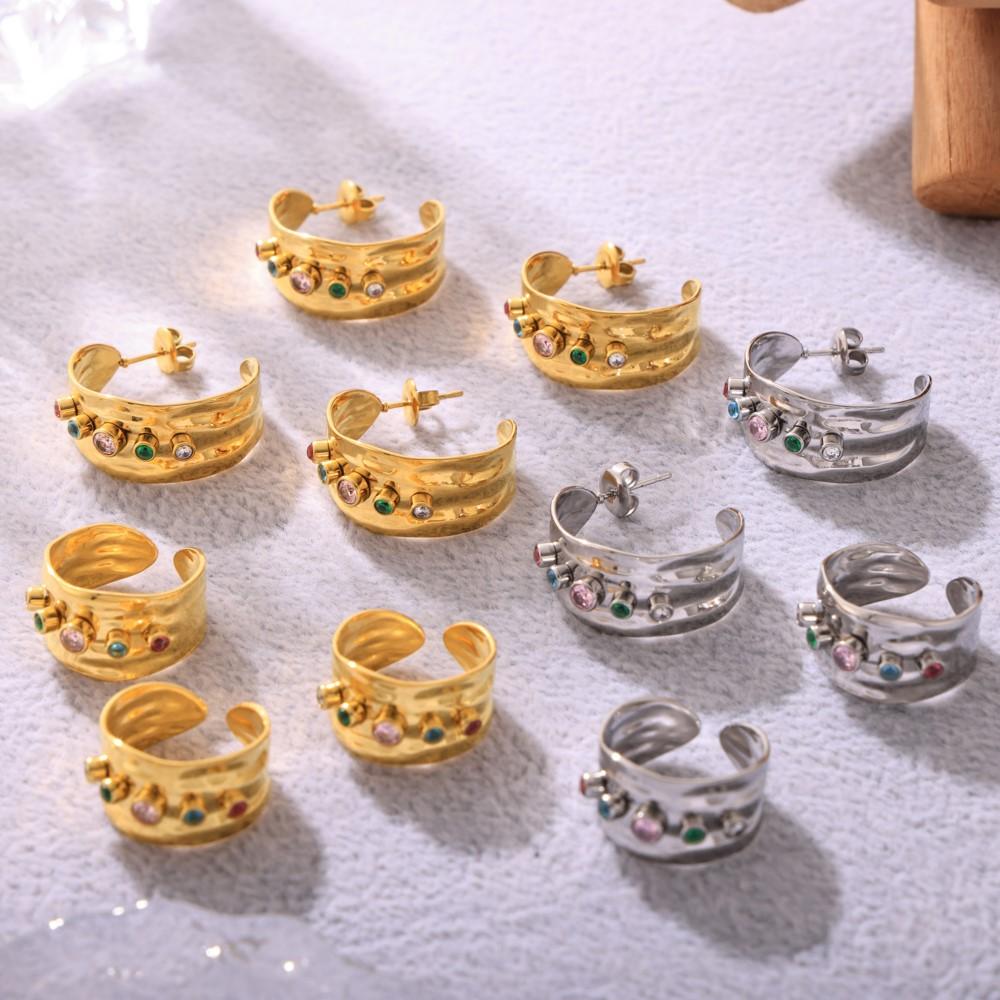 Multi Color Zircon Ring And Same Style Earrings In Stainless Steel 18k Gold Plated Wide Rings C Shape Stud Earring For Women