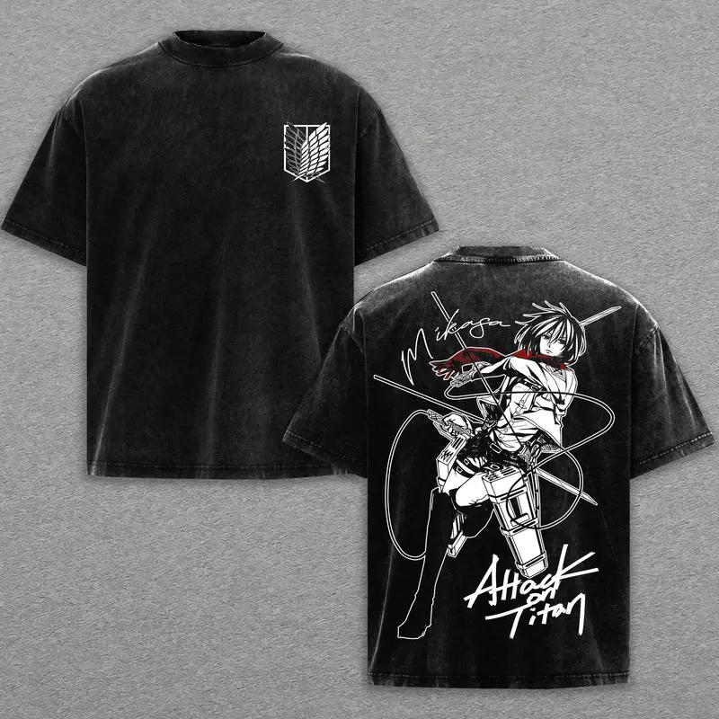 Anime Attack On Titan Mikasa Graphic T Shirt Men Women Short Sleeve Clothing Oversized Cotton Tshirt Washed T-shirt Harajuku Top