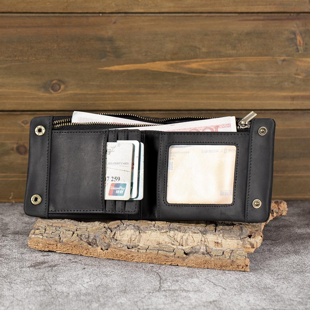 

Мужской кошелек из кожи Crazy Horse Горизонтальный кожаный короткий зажим для монет Слой Кожаная пряжка Кожаный кошелек Серебряная сумка чёрный