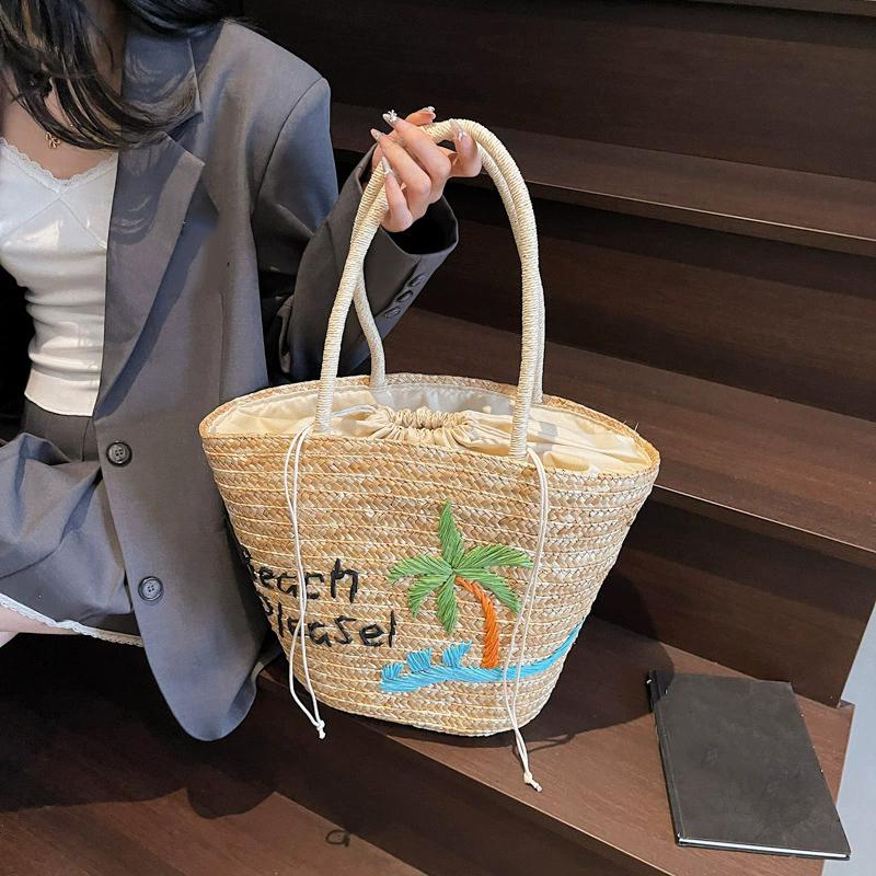 2026 New Woven Women's Bag Handmade Grass Woven Handbag Fashion Embroidery Versatile Shoulder Bag Beach Bag