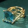 Elegant Gold Color Inlaid Blue CZ Women's Ring Square Hollow Daily Wear Party Jewelry