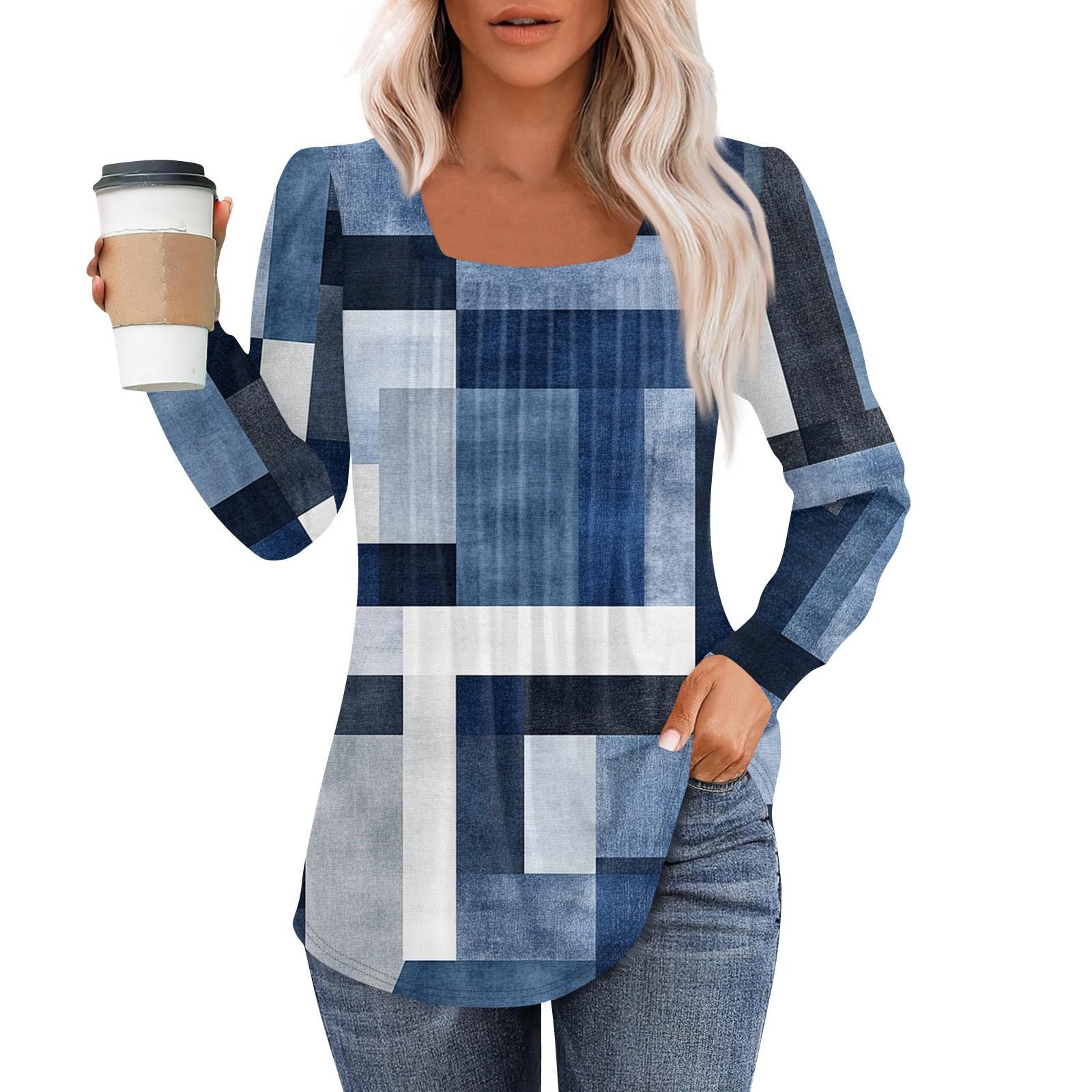 

Рубашки с длинным рукавом для женщин, топы, нарядные повседневные блузки, плиссированные туники с квадратным вырезом L синий