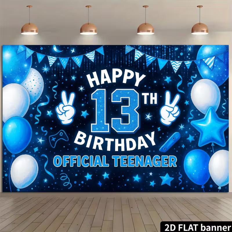 2D 13th Happy Birthday Backdrop - Blue Star Glitter Banner for Boys 13th Birthday Photoshoot Party Decor