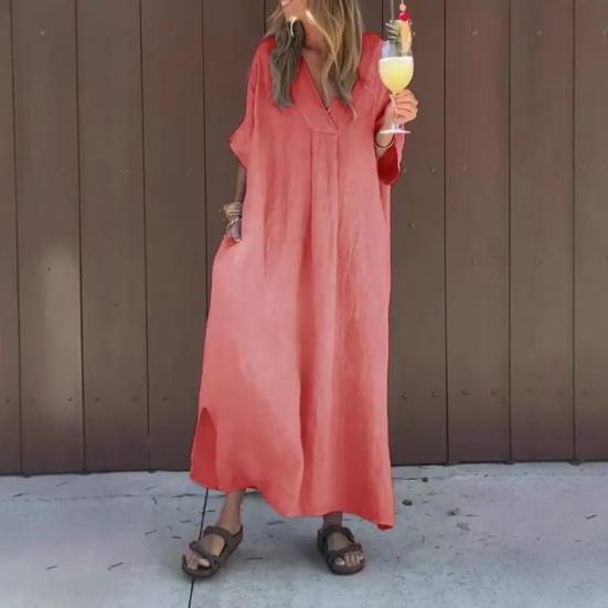 Women's Loose Maxi Dress V-Neck Short Sleeve Long Dress Summer Casual A-Line Beach Sundress