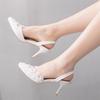 New Fashion Women High Heels Pumps Party Lace Pearl Decoration PU 7CM Thin Heels Back Strap Evening Dress Woman Shoes White