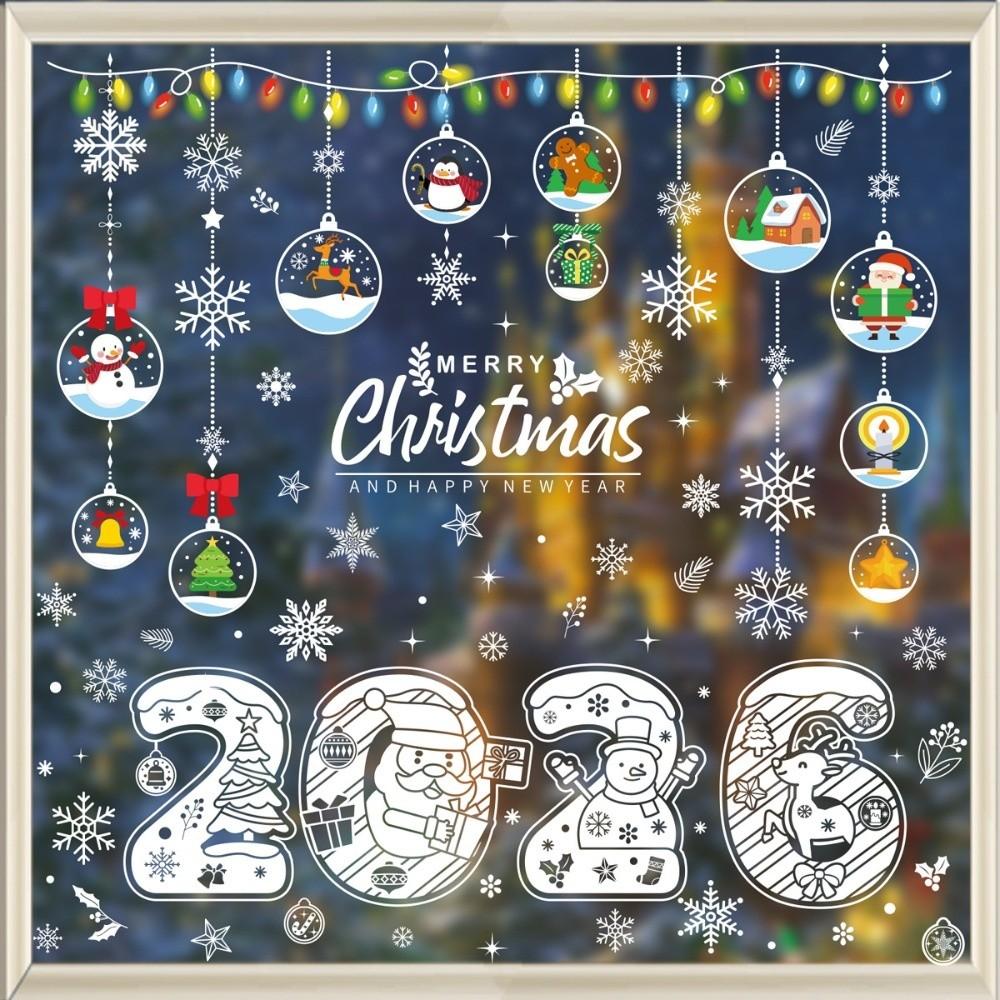 2026 Christmas Window Sticker Santa Claus Pattern Elk Snowman Design Festival Party Sticker Snowflake Motif