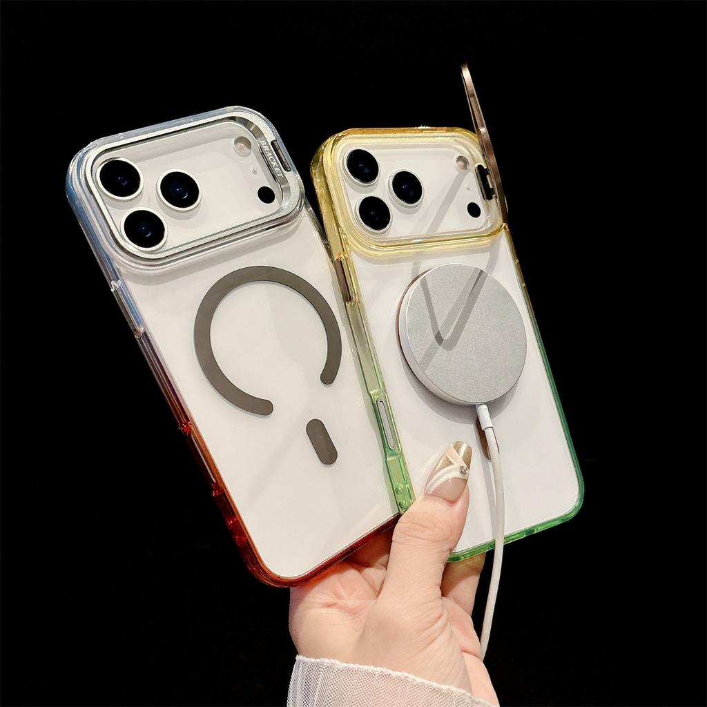 Colorful Camera Bracket Transparent Magnetic Phone Case for iPhone 17 16 15 14 13 12 Pro Max Plus Air Double tone Color Cover