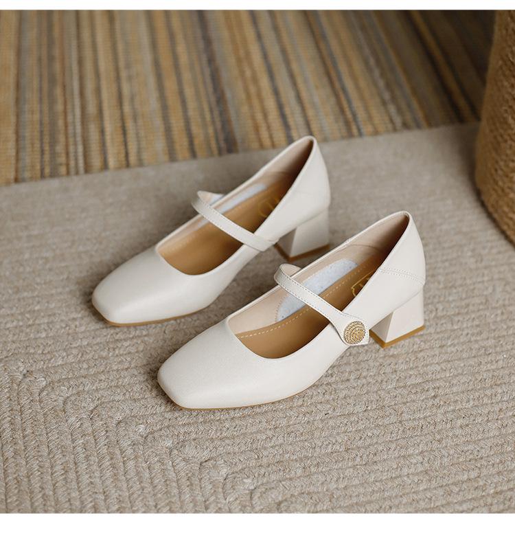 Genuine Leather Chunky Heel Mary Janes - Low-Cut, Soft Sole & Upper for Casual Wear in Spring & Autumn