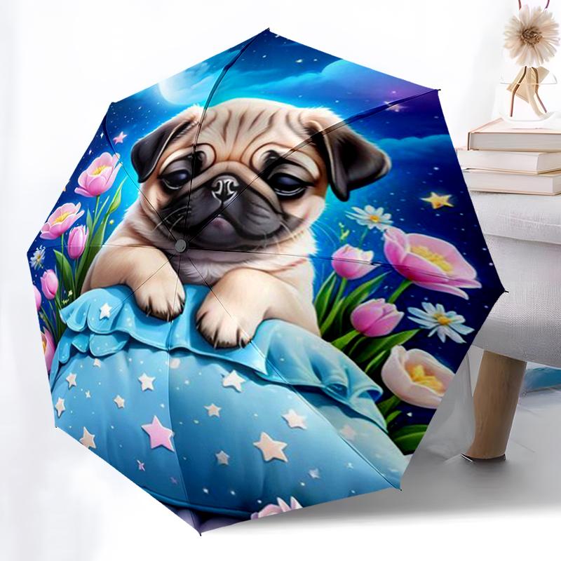 Cartoon Pug Dog Umbrella Automatic Open/close, Sturdy Iron Frame & 8-Rib Structure, Umbrella for Women & Men, Christmas Gifts