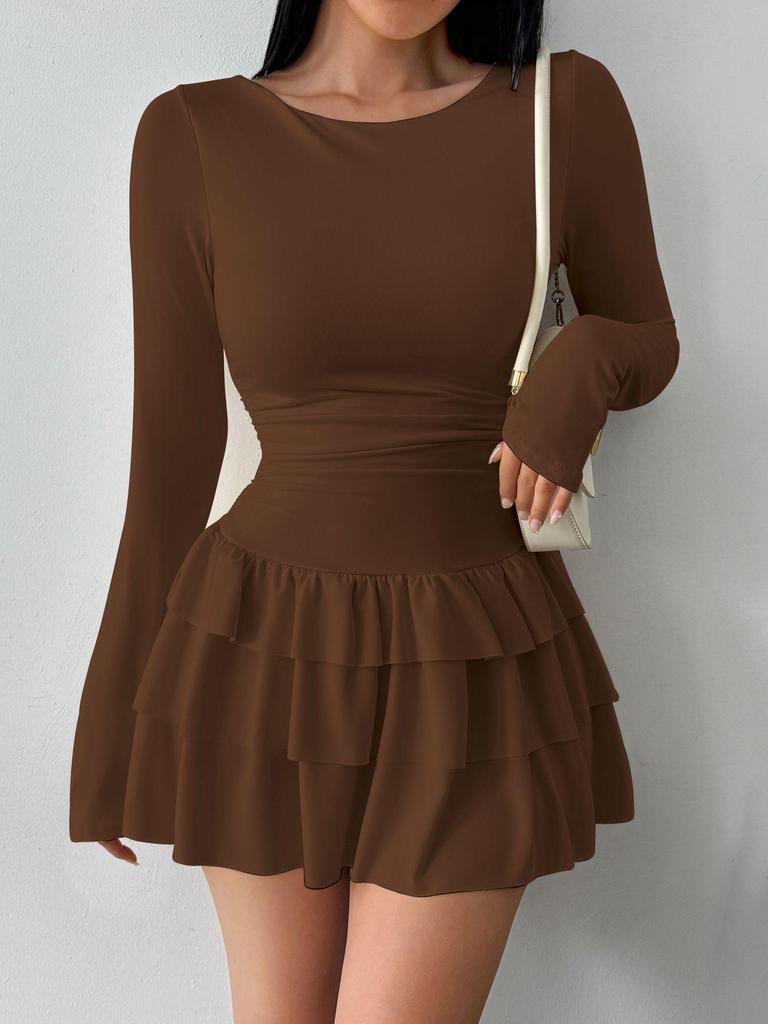 Elegant Patchwork Slim-Fit Waist-Cinching Lace Sleeve Women's Dress with Cake Skirt