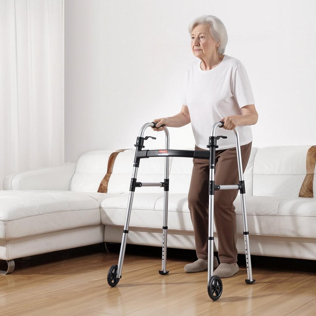 Folding Walker, 2-Button Foldable Walker with Solid Wheels & 8-Level Adjustable Height, 159KG Loading Lightweight Aluminum Mobility Walking Aid,