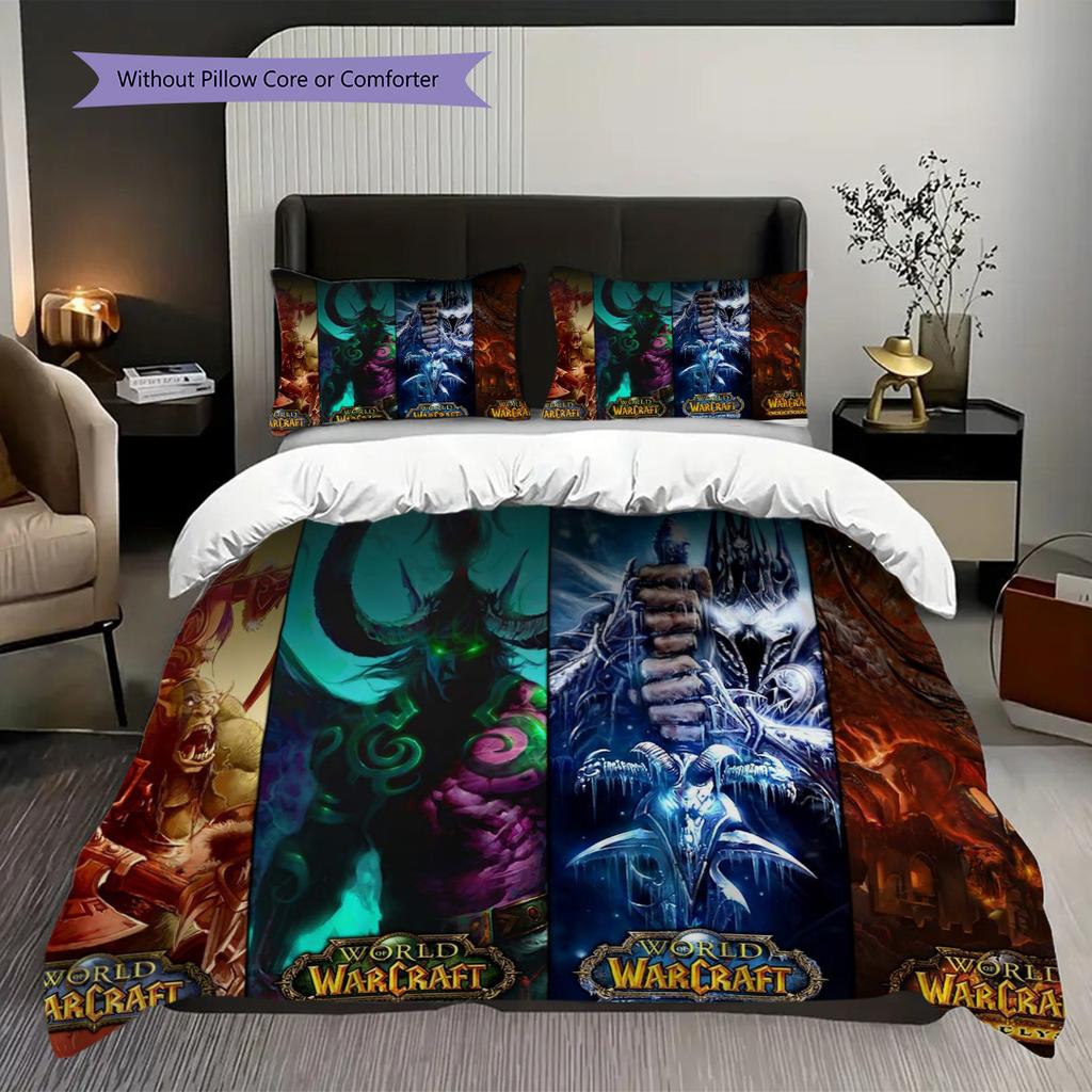 Fantasy Warriors Unite Azeroth Three-piece set (1 * duvet cover + 2 * pillowcase, without core) 2D Flat Christmas birthday gift Soft and comfortable