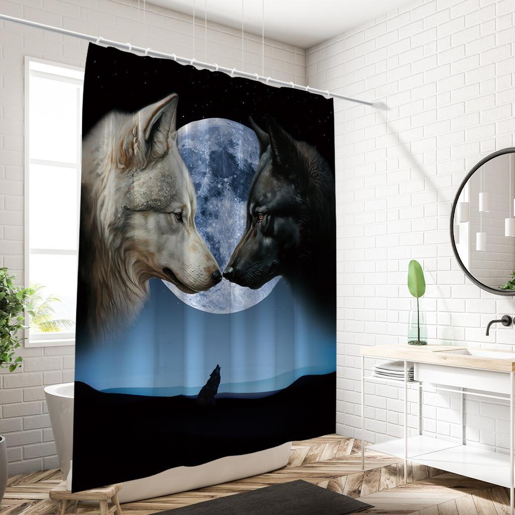 1PC Wolves and Moon Pattern Printed Shower Curtain, Waterproof and Washable, with 12 Hooks, Bathroom Shower, Bathtub, Home Use