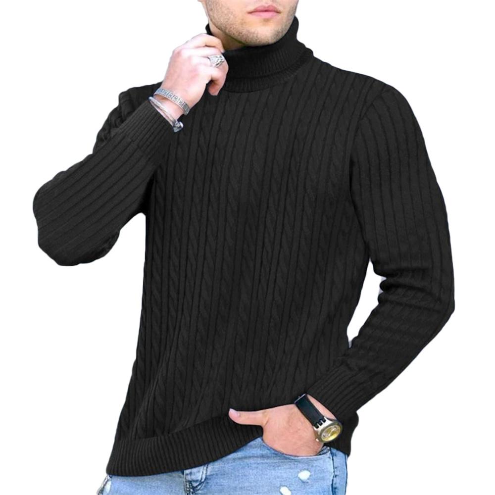 

Autumn Winter New Men s Jacquard Sweater Striped Turtleneck Basic Style Casual Slim Fit Knitwear Male Soft Knitted Pullover S чорний