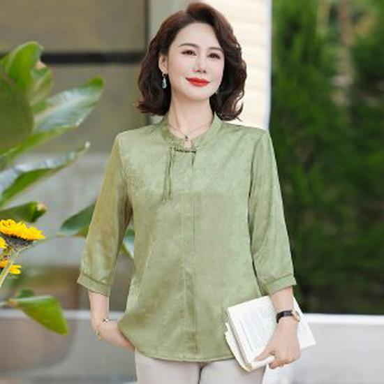 

New Chinese Style Summer Blouse for Moms, National Design, Middle-Aged Women s Three-Quarter Sleeve Top for Spring/Summer. XL зелёный