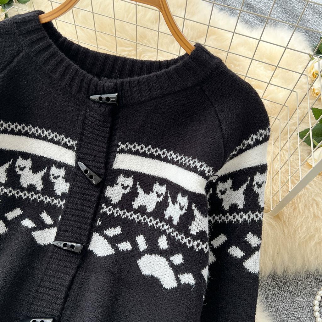 Autumn Winter Women Sweet Print Knitted Sweater Two Piece Set Single Breasted Cardigans Jacket and Mini Short Sheath Skirt Suit