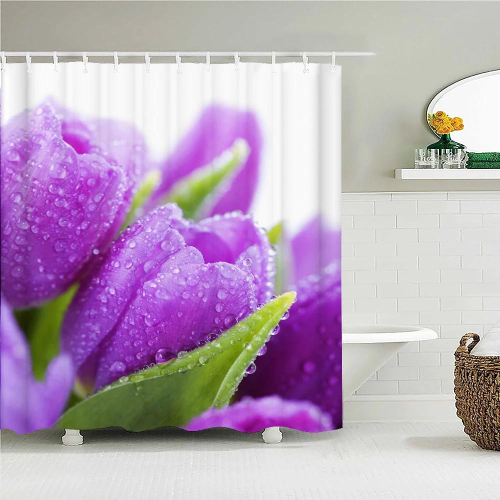 Colorful Tulip Flowers Shower Curtains 3D Beautiful Flower Print Bath Curtain Waterproof Fabric With Hooks Bathroom Decoration