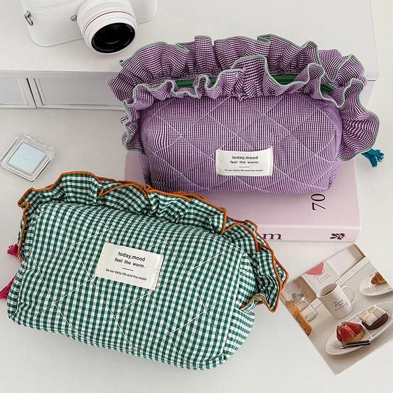 Beeren-Spitzenbesetzter Vichy-Kosmetiktasche Große Kapazität Tragbarer Reise-Organizer Damen Studentin Rüschenrand Kosmetiktasche