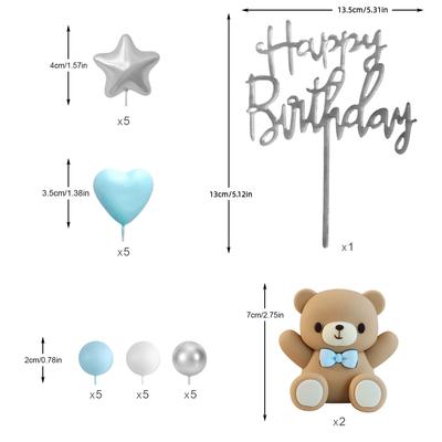 28PCS Blue Bear Blue Love Silver Stars Gender Reveal Cake Toppers Birthday Party Supplies with Silver Blue White Pearl Ball