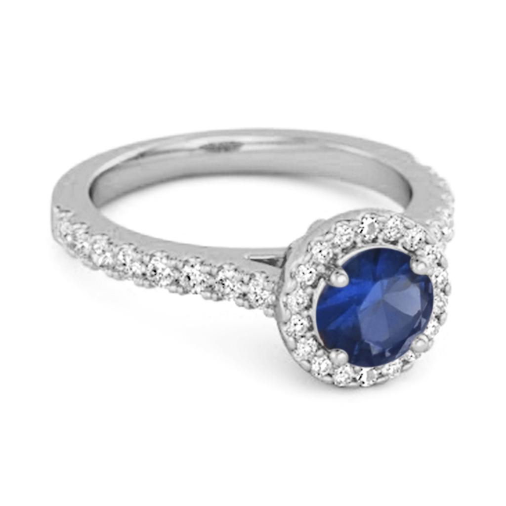 Blue Sapphire Round Halo Accents Ring - 925  Sterling Silver