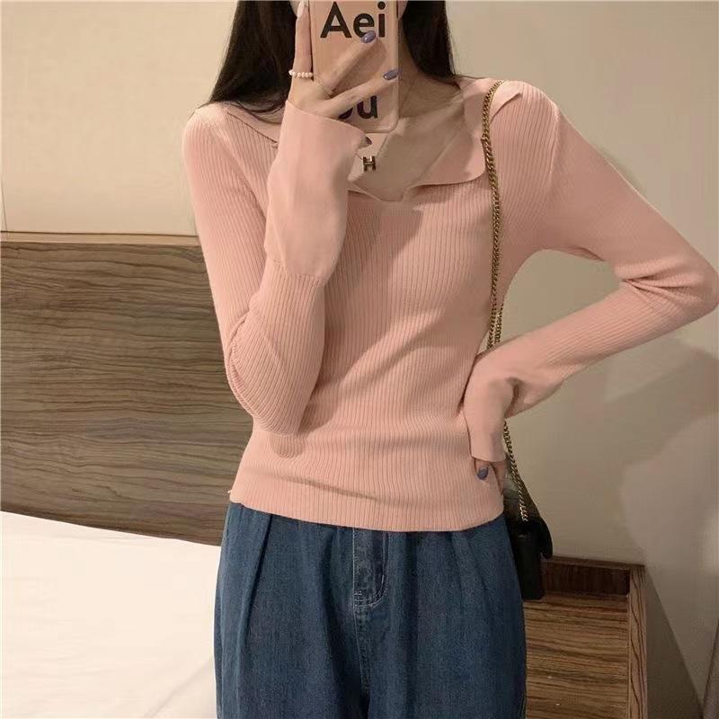 

Женский облегающий мягкий трикотажный топ-свитер базового слоя с лацканами на осень-зиму One Size розовый