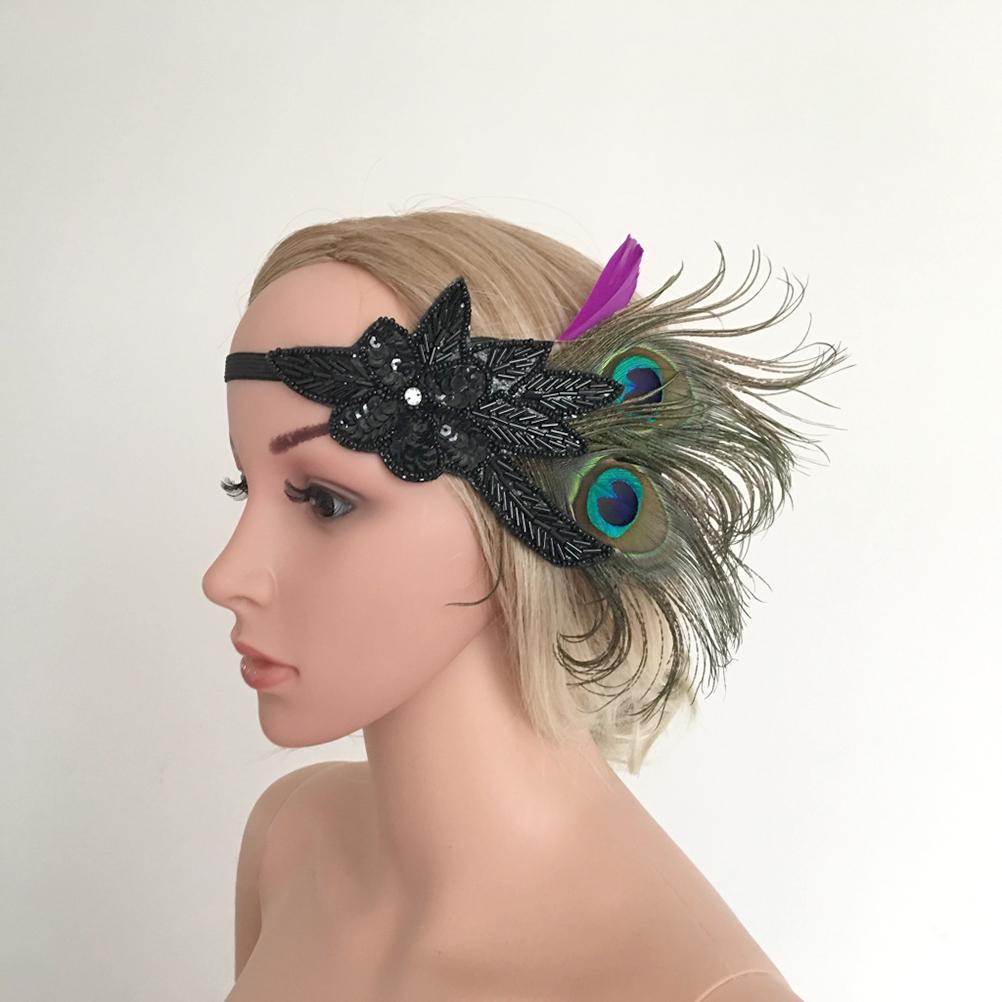 Flapper Headband Peacock Eye Feather Women Sequin Beads Costume Accessory New