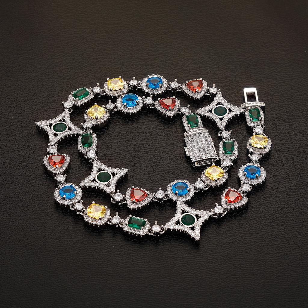 Hip Hop Colored Gemstone Chain Zircon Men's Star Necklace Fashion Triangle Bracelet