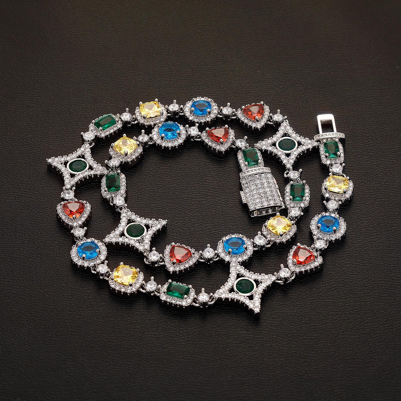 

Hip Hop Colored Gemstone Chain Zircon Men s Star Necklace Fashion Triangle Bracelet 7 inches срібний