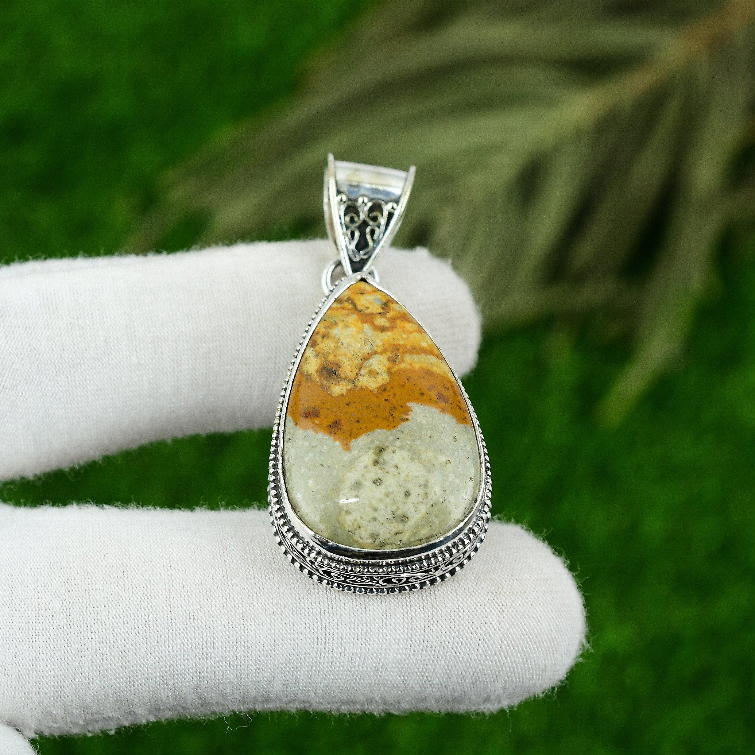 

Pear Picture Jasper Gemstone Daughter Bezel Vintage Pendant Jewelry 925 Silver