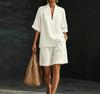 Vintage Style Women's Linen Suit: Loose V-Neck Top & Wide Leg Pants Two-Piece Set for Summer