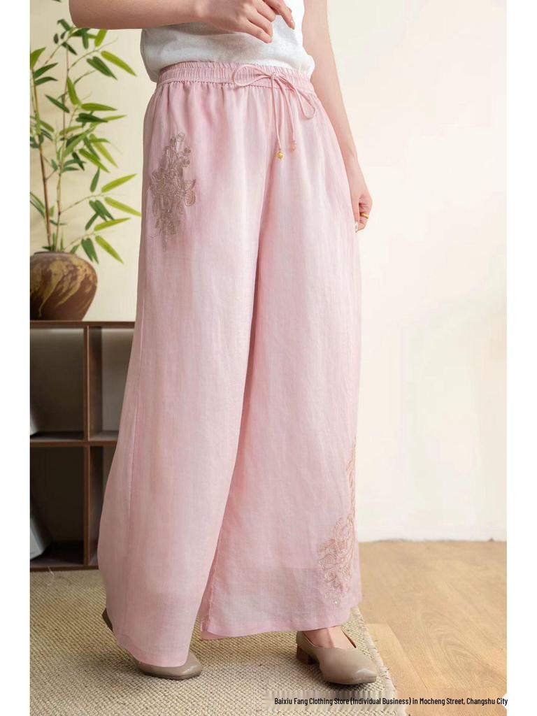 2026 Sommer Damen bestickte Leinen-Hose mit weitem Bein und Kordelzug