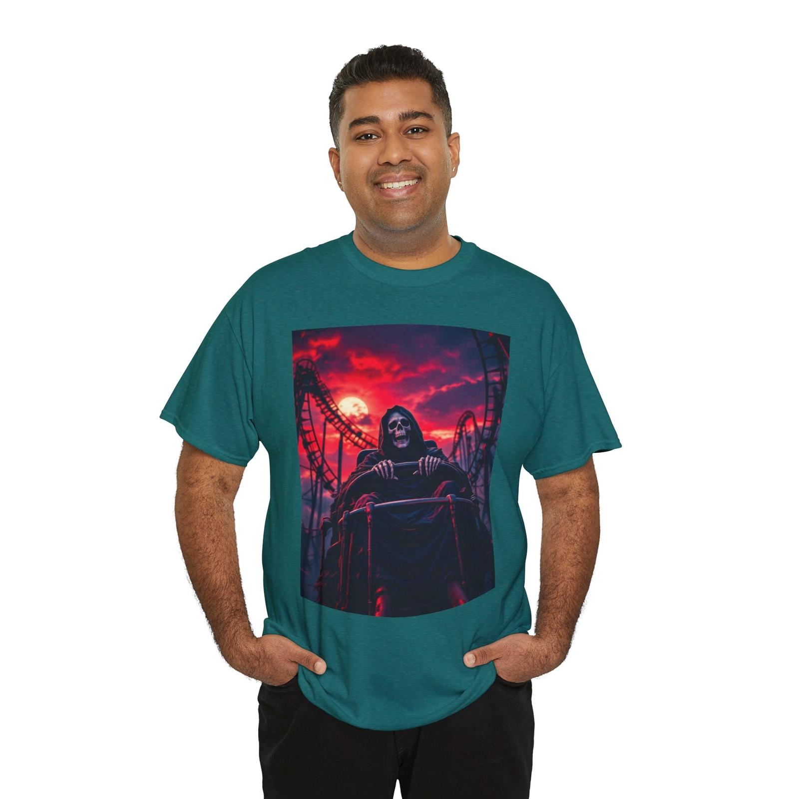 The Grim Reaper Rides a Roller Coaster T-Shirt Funny Halloween Theme Park Tee S разноцветный