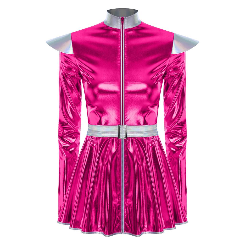 Womens Alien Costume Long Sleeves Front Zip A Line Dress Belt Design Shiny Metallic Outer Space Robot Costume