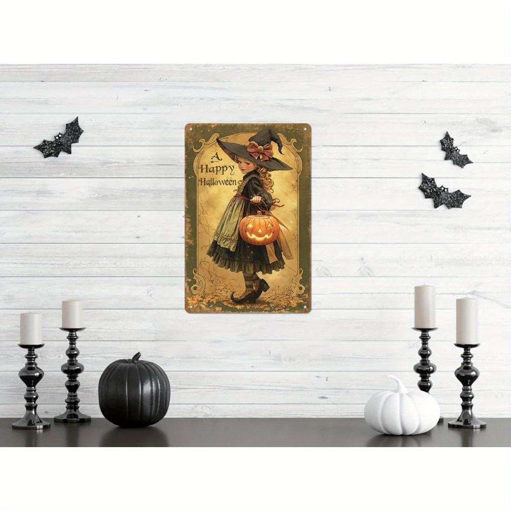 Vintage Halloween Witch Girl with Pumpkin Metal Sign Vintage Home Decor 8x12 Inch Wall Art No Electricity Required Wall Hangable